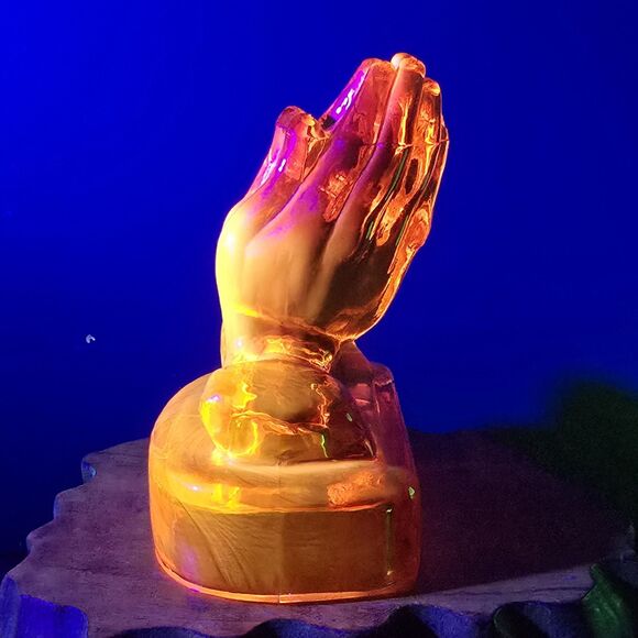 Vintage Kanawha Praying Hands Amberina UV Reactive Glass Paperweight 5"x4"x3" - Picture 5 of 14